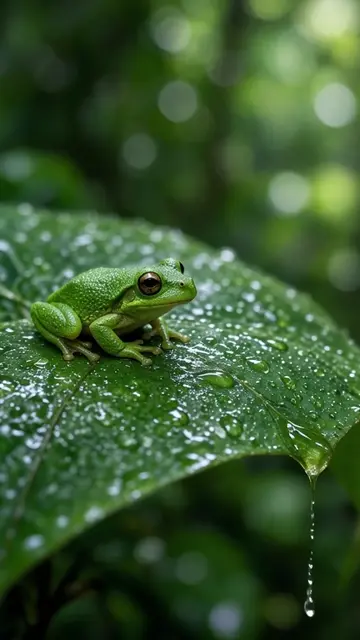 Green tree frog on a tropical leaf sample